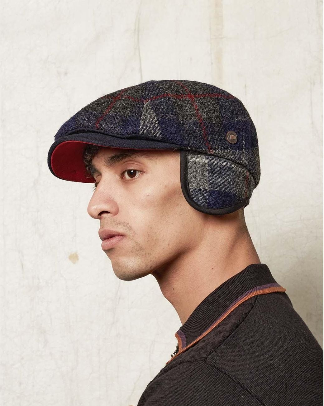 Dasmarca Hats Red Aaron Harris Tweed Wool Cap With Earflaps for men