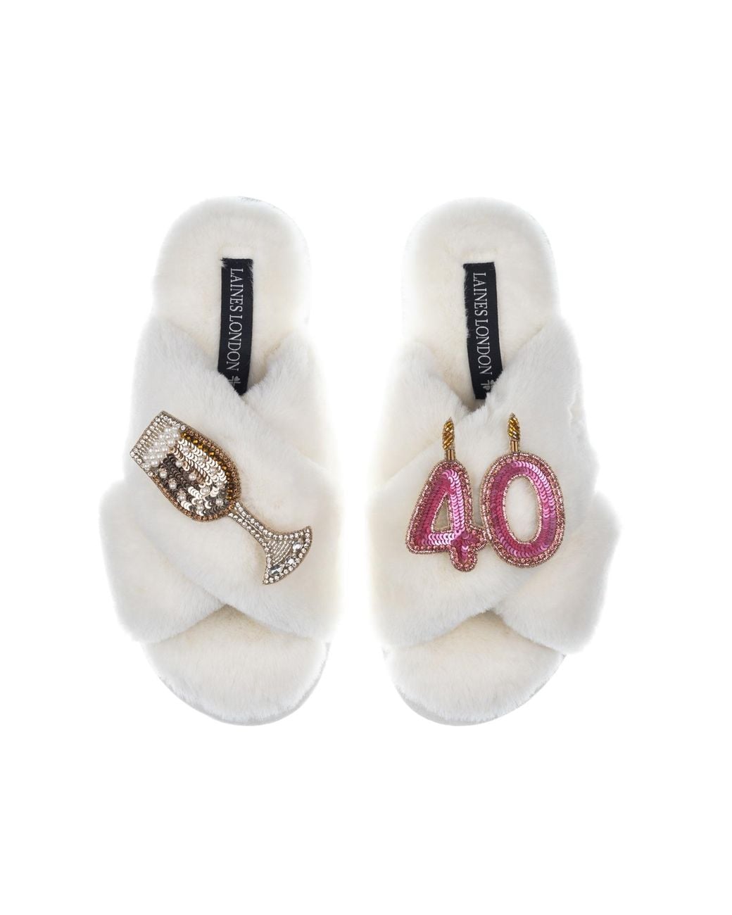 Laines London White Classic Laines Slippers With 40Th Birthday & Champagne Glass Brooches