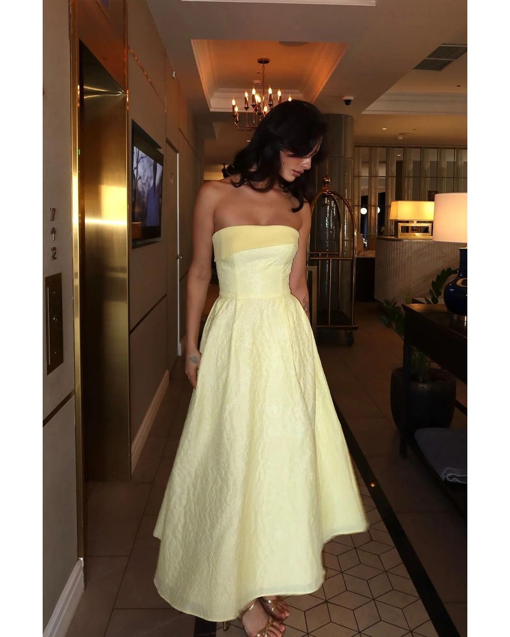 POST MERIDIEM Yellow Jacquard Midi Dress With Satin Turn-Up