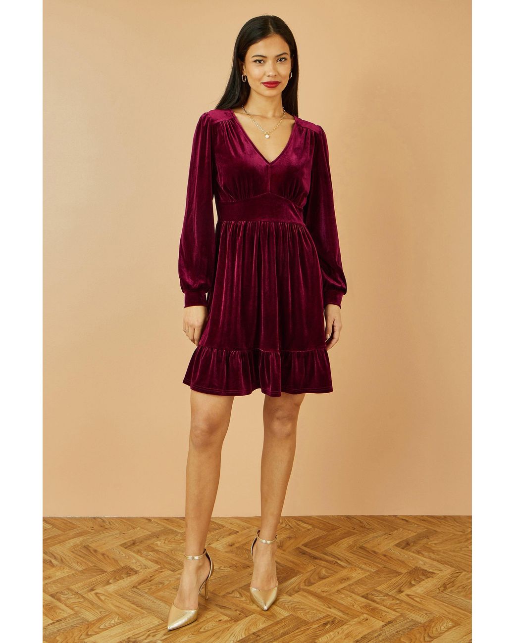 Yumi' Red Burgundy Velvet Long Sleeve Skater Dress