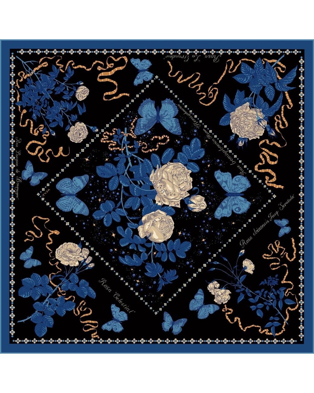Wenzi Blue Midnight Roses Hand Painted Pattern Double Sided Silk Twill Scarf