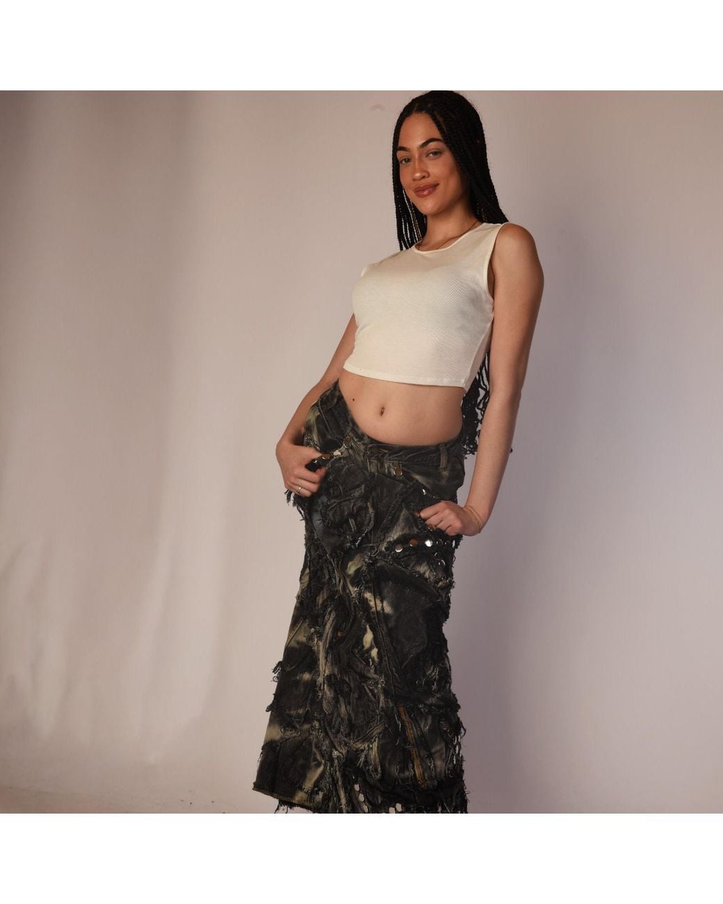 Zasta Studio Gray Shred Couture Studded Denim Skirt E