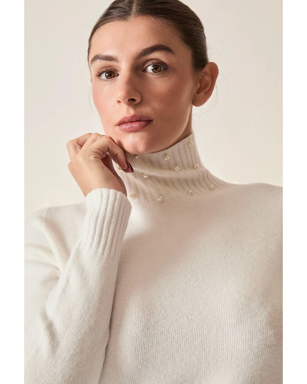James Lakeland White Cream Pearl-Embellished High-Neck Jumper