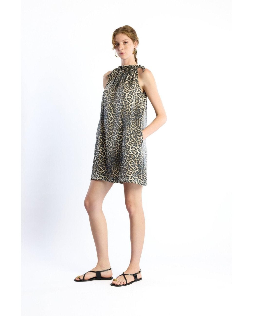 No'design Multicolor Halter Neck Tie-Detail Pocket Leopard Mini Dress