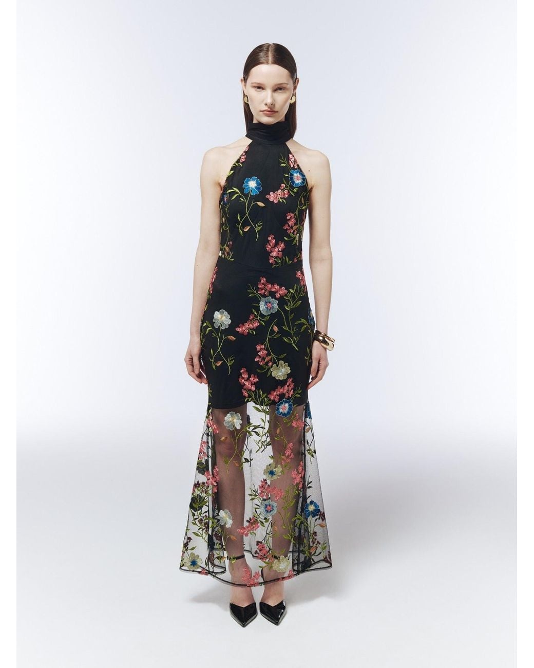 Sour Figs Black Floral-Embroidered Halterneck Maxi Dress