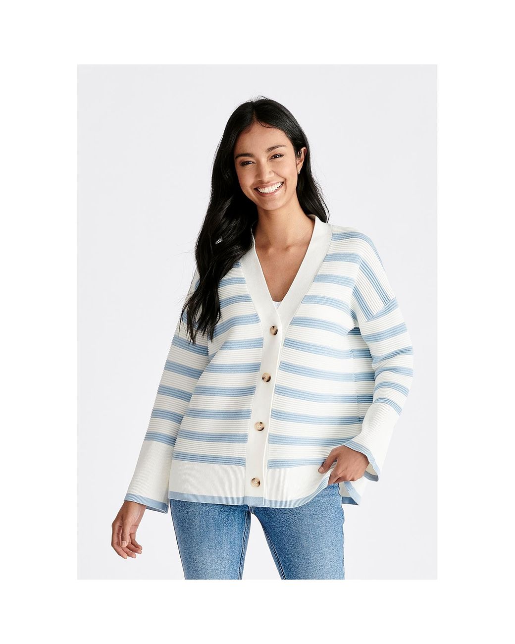 Paisie Blue Striped Ribbed Cardigan