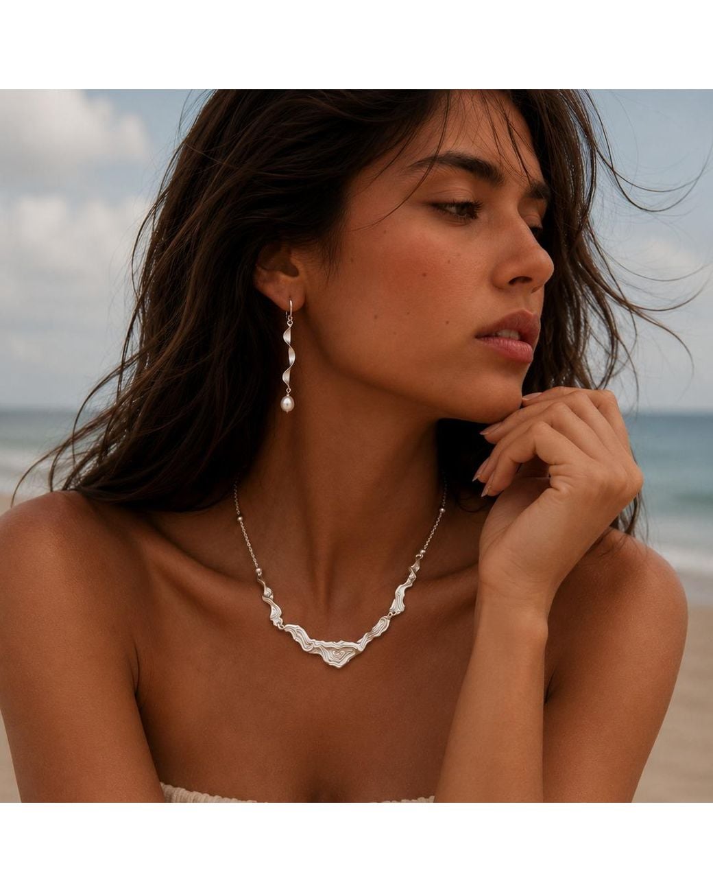 Ormiro White Moontide Sterling Necklace & Earrings Jewelry Set