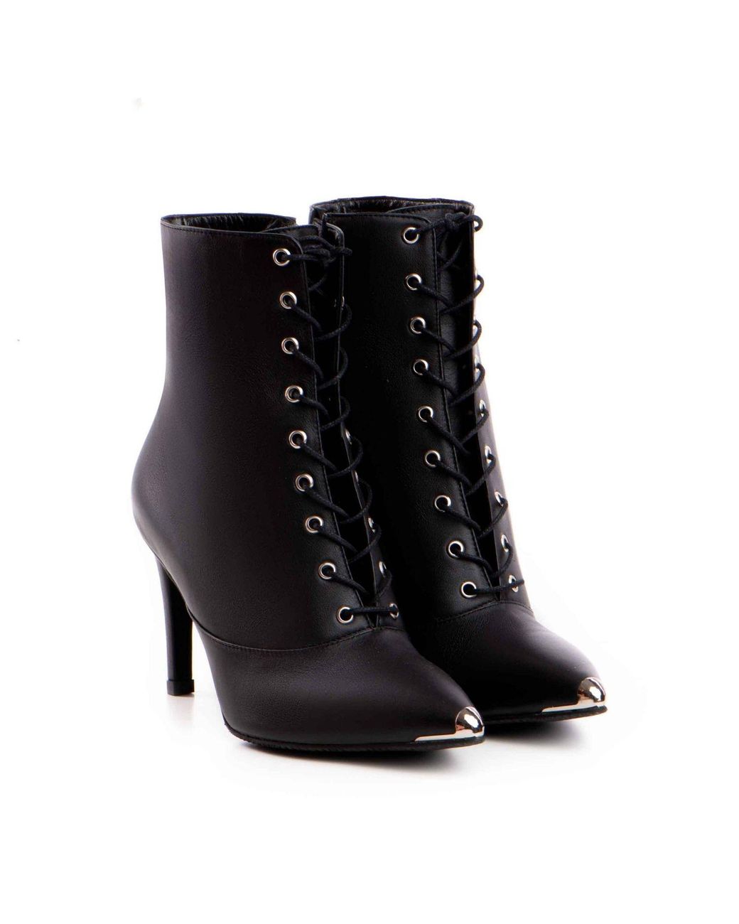 The 5Th Element Black Lace-Up Leather Ankle Boots With Metal Toe