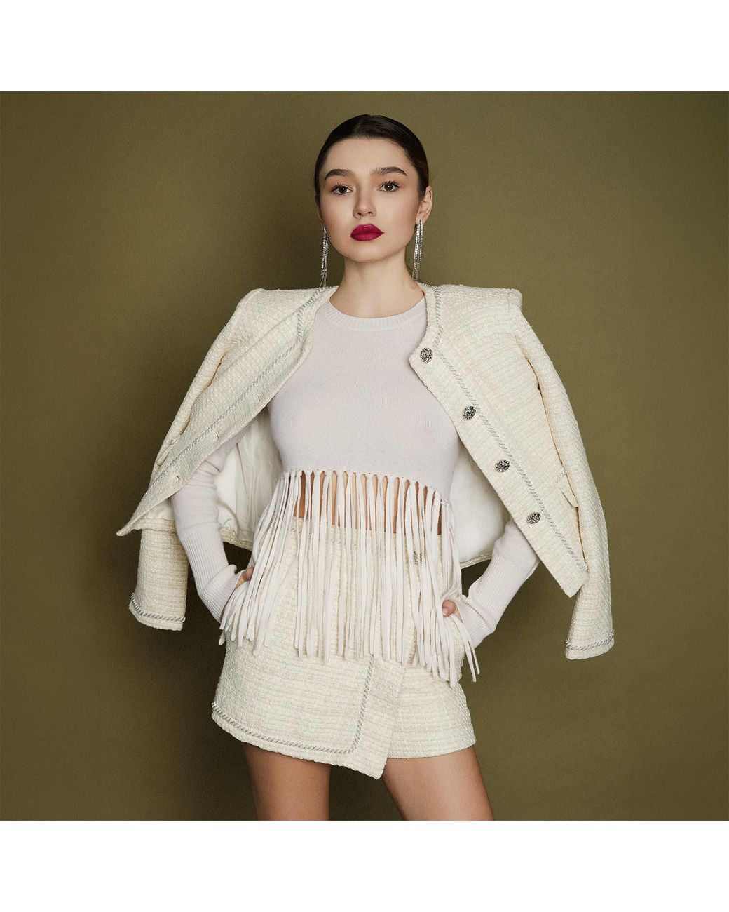 Solgo Atelier White Neutrals Pogonia Crop Tweed Bouclé Jacket With Beaded Trim