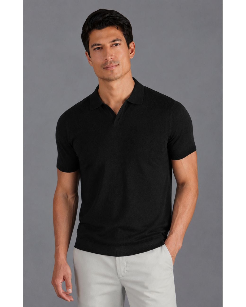 Paul James Knitwear Blue Ultra Fine Cotton Nathann Buttonless Polo Shirt for men