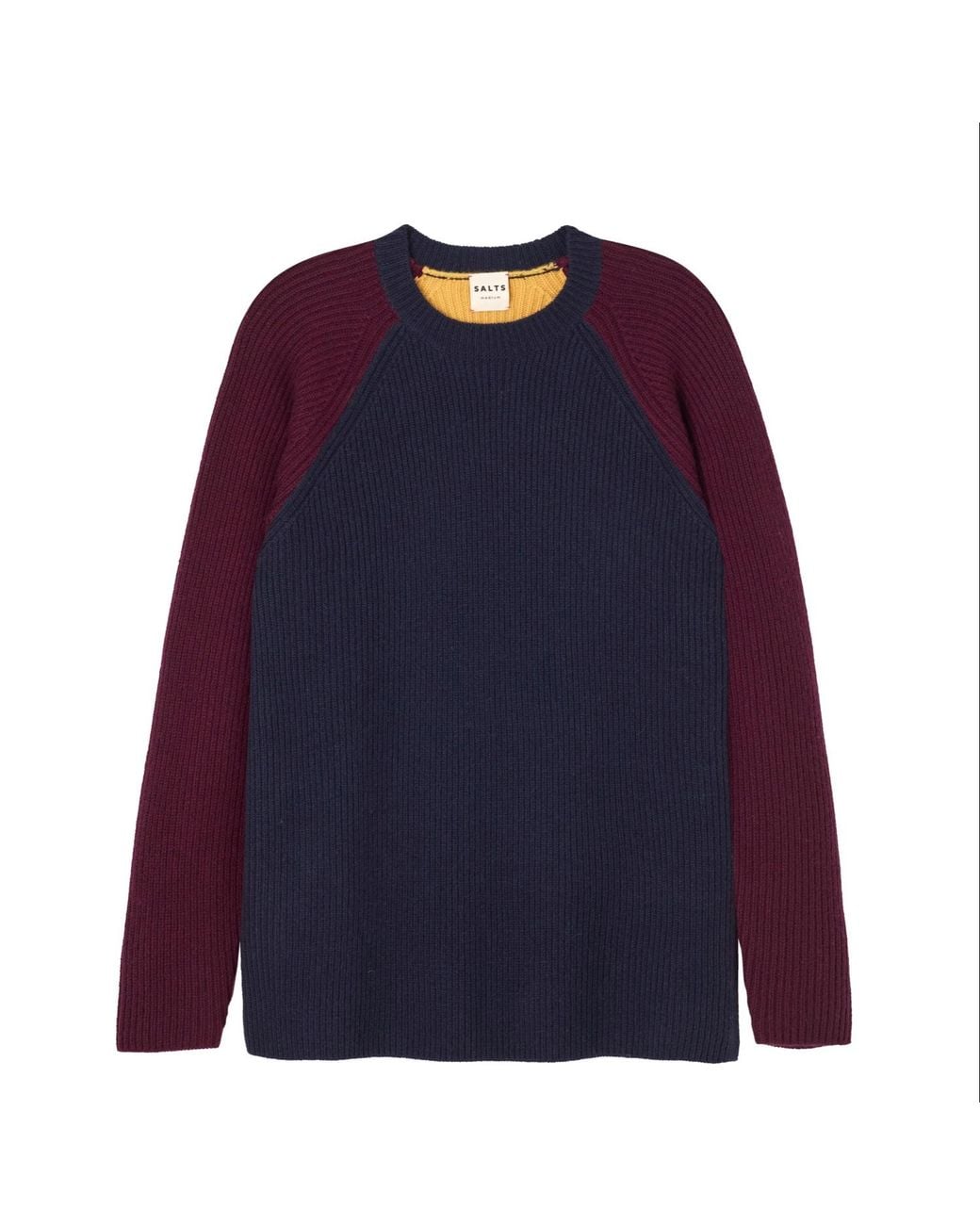 Salts Cashmere Blue Colour Block Fishermens Rib Crew Neck Sweater