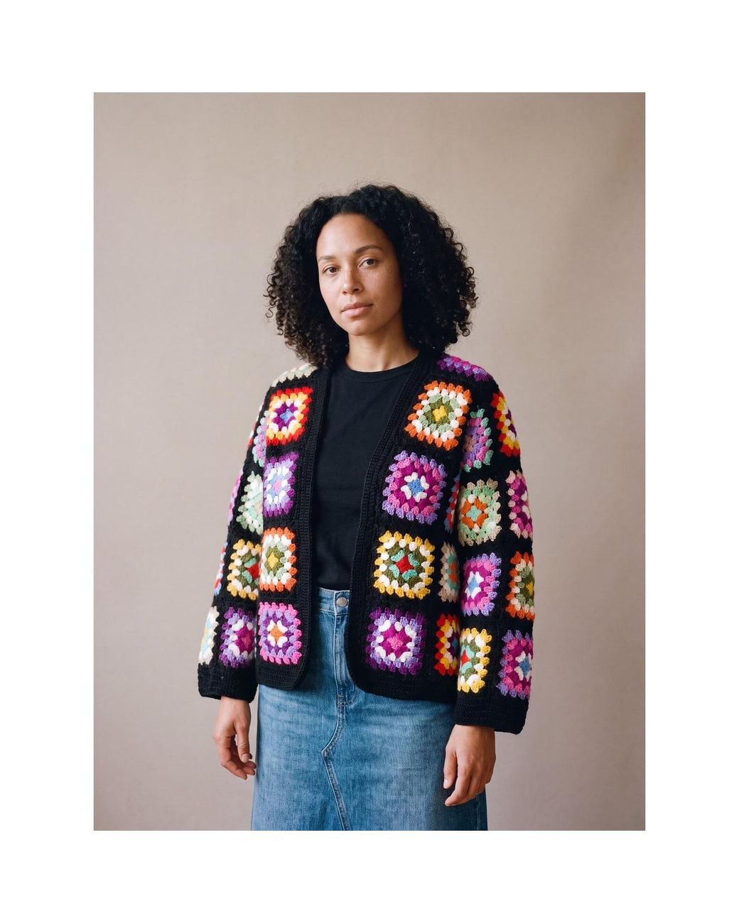 Ana Chic Black Ground Granny Square Handmade Crochet Cardigan
