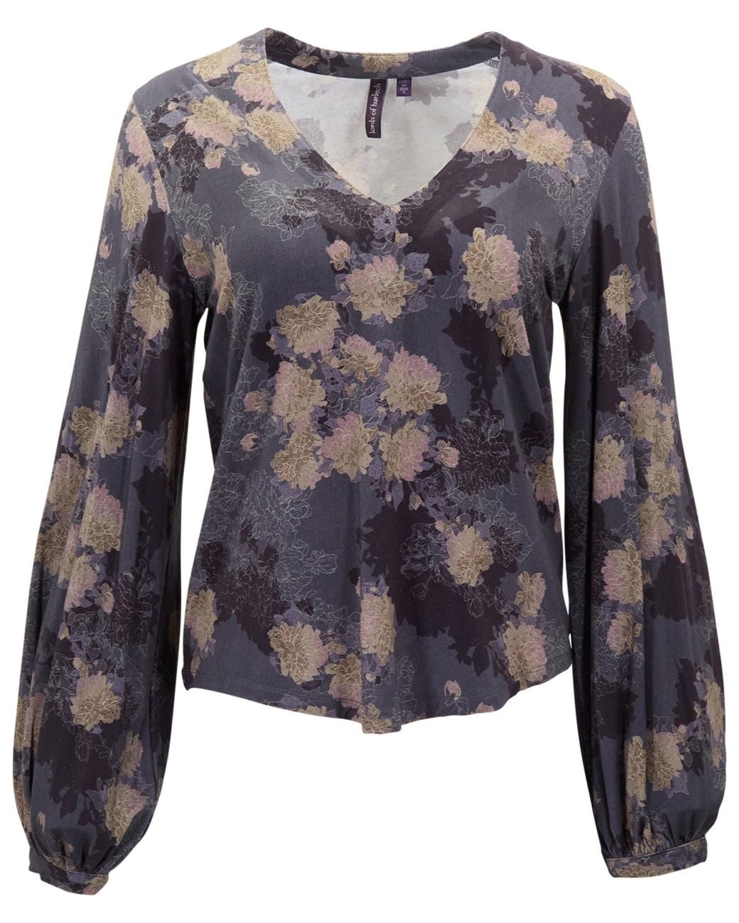 Lords of Harlech Blue Val Lans Floral Lyocell Stretch V-Neck Top