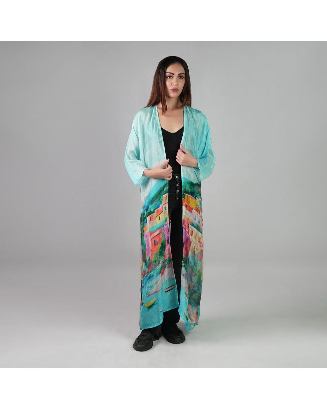 DHARA SHETH DUBAI Blue La Dolce Riviera Mediterranean Long Kimono Dress