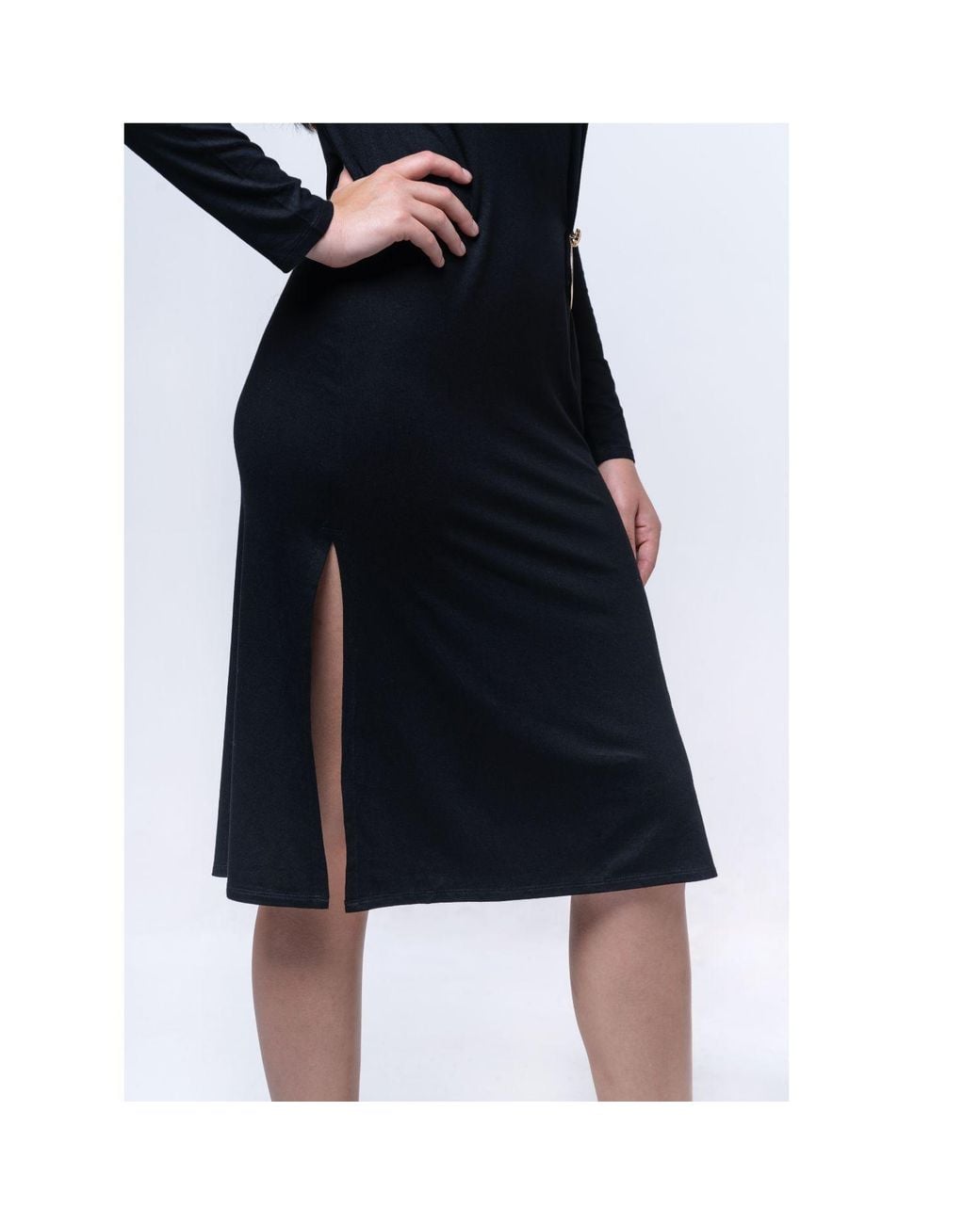 House of Gl Black Onyx Luxury Stretch Knit Long Sleeve Midi Dress With Lotus Emblem
