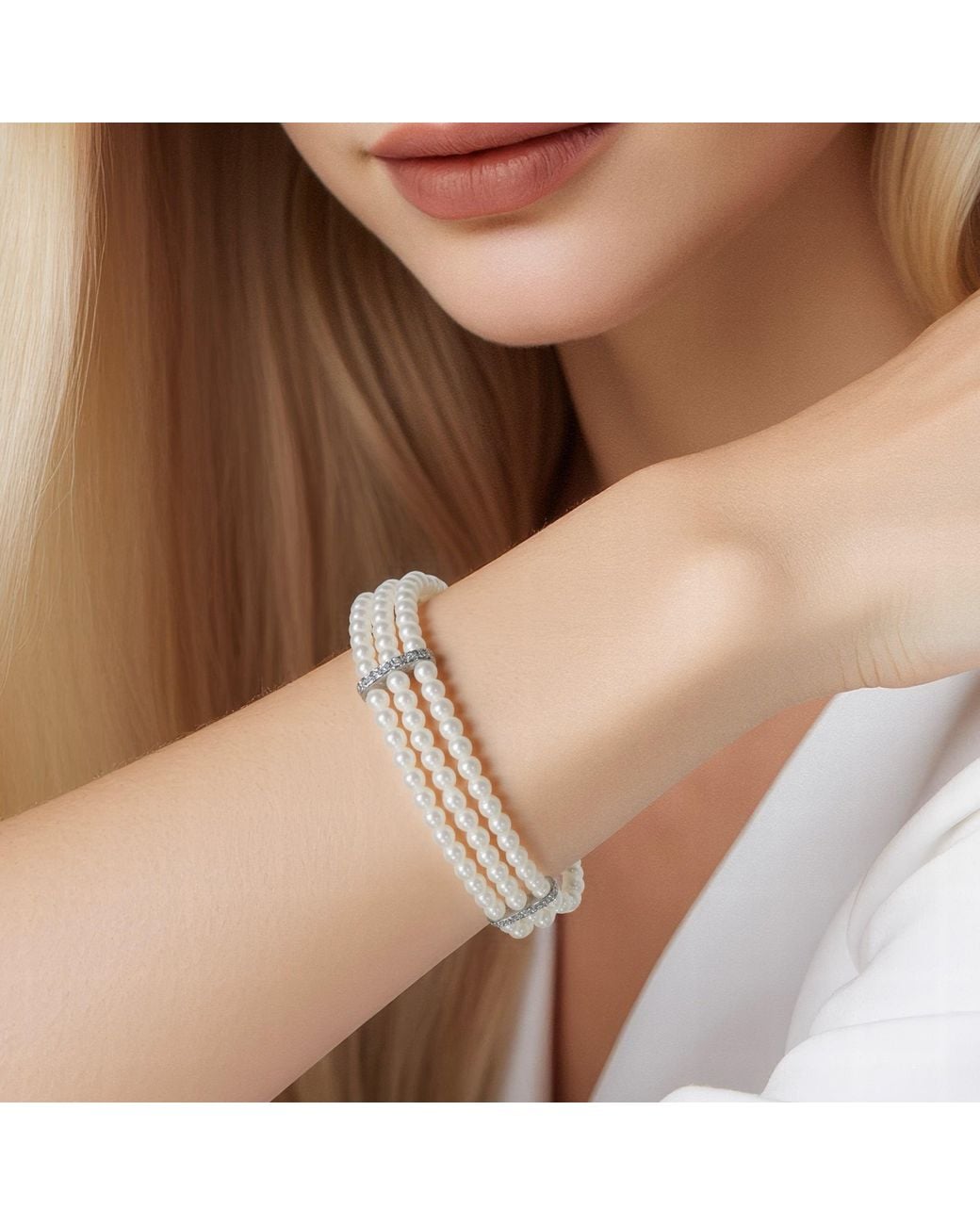 Ninemoo White Interlace Triple Pearl Bracelet