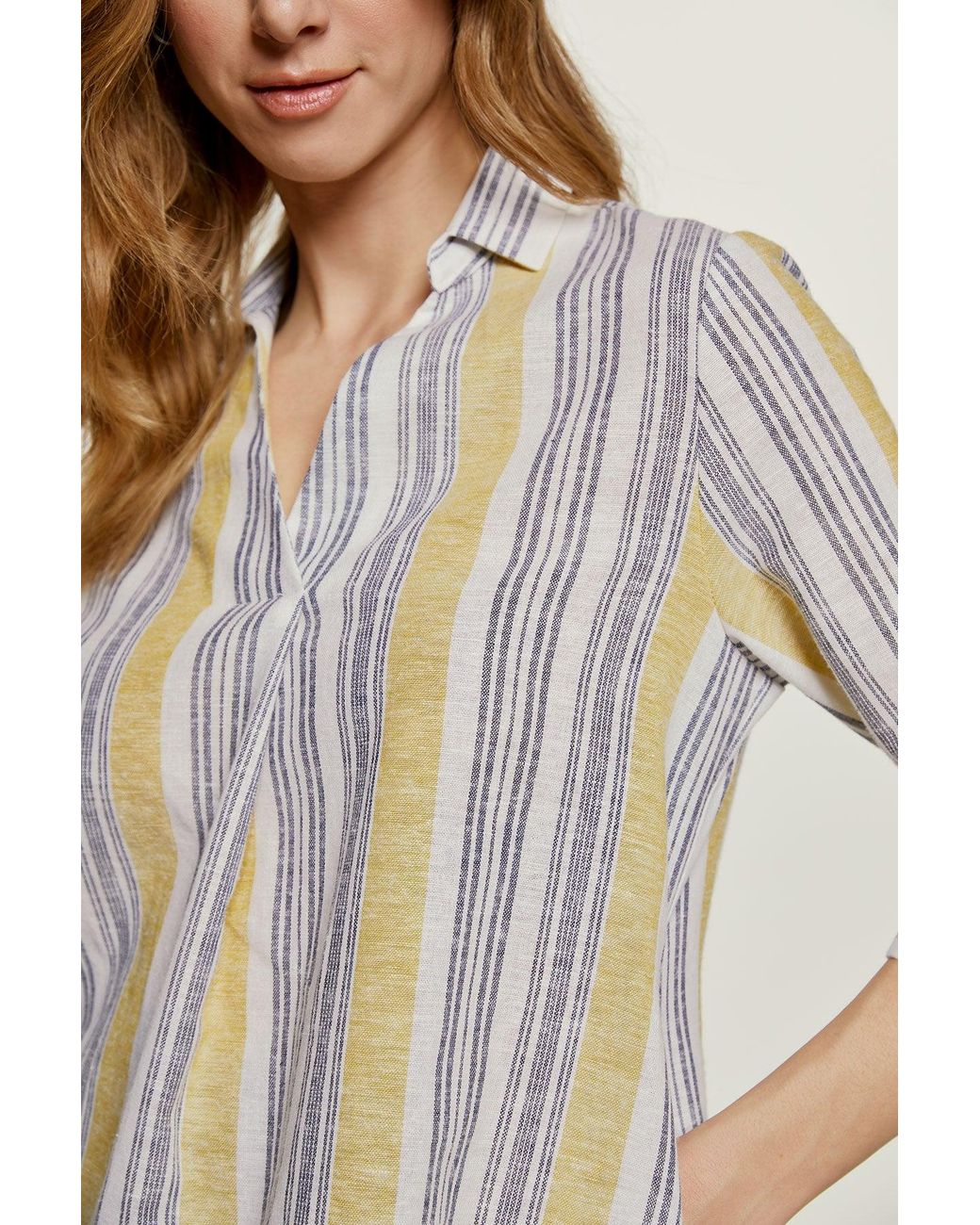 Conquista Blue Striped Linen Style Top With Pockets