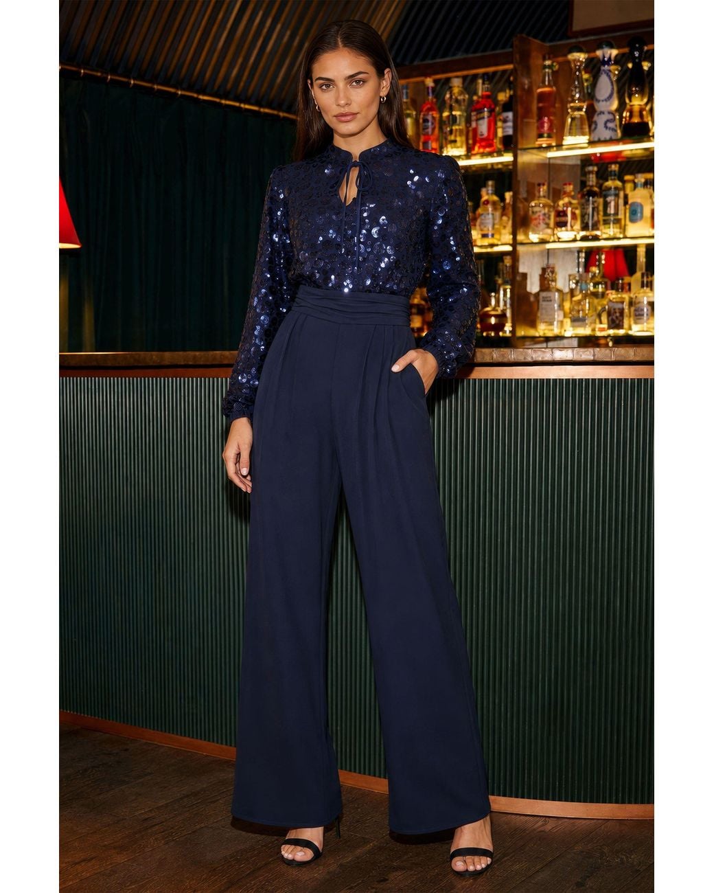 Yumi' Blue Long Sleeve Sequin Jumpsuit