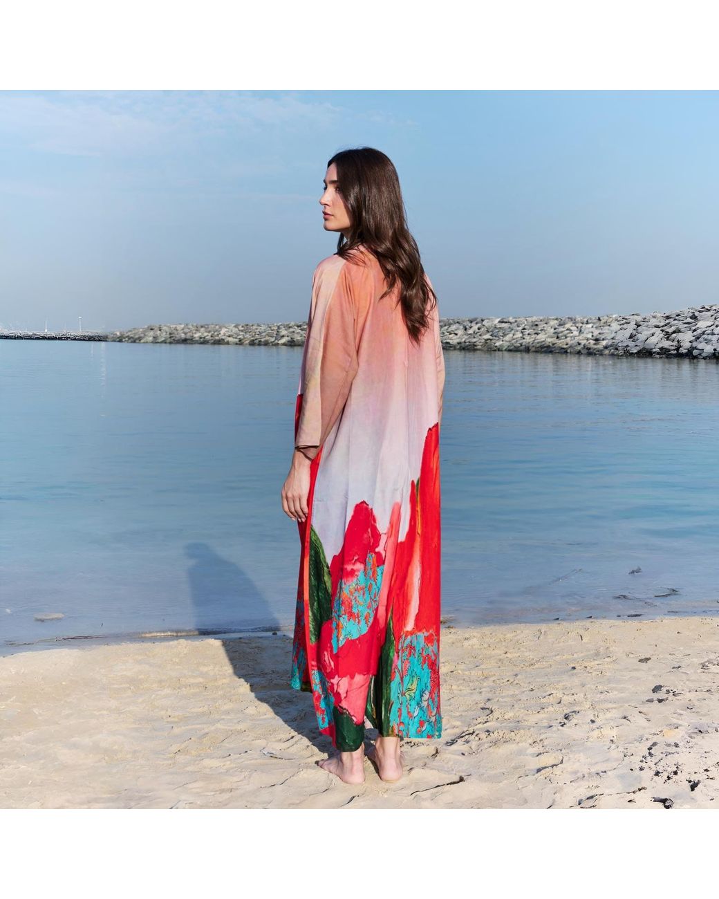 DHARA SHETH DUBAI Red Coral Mirage Floral Long Kimono