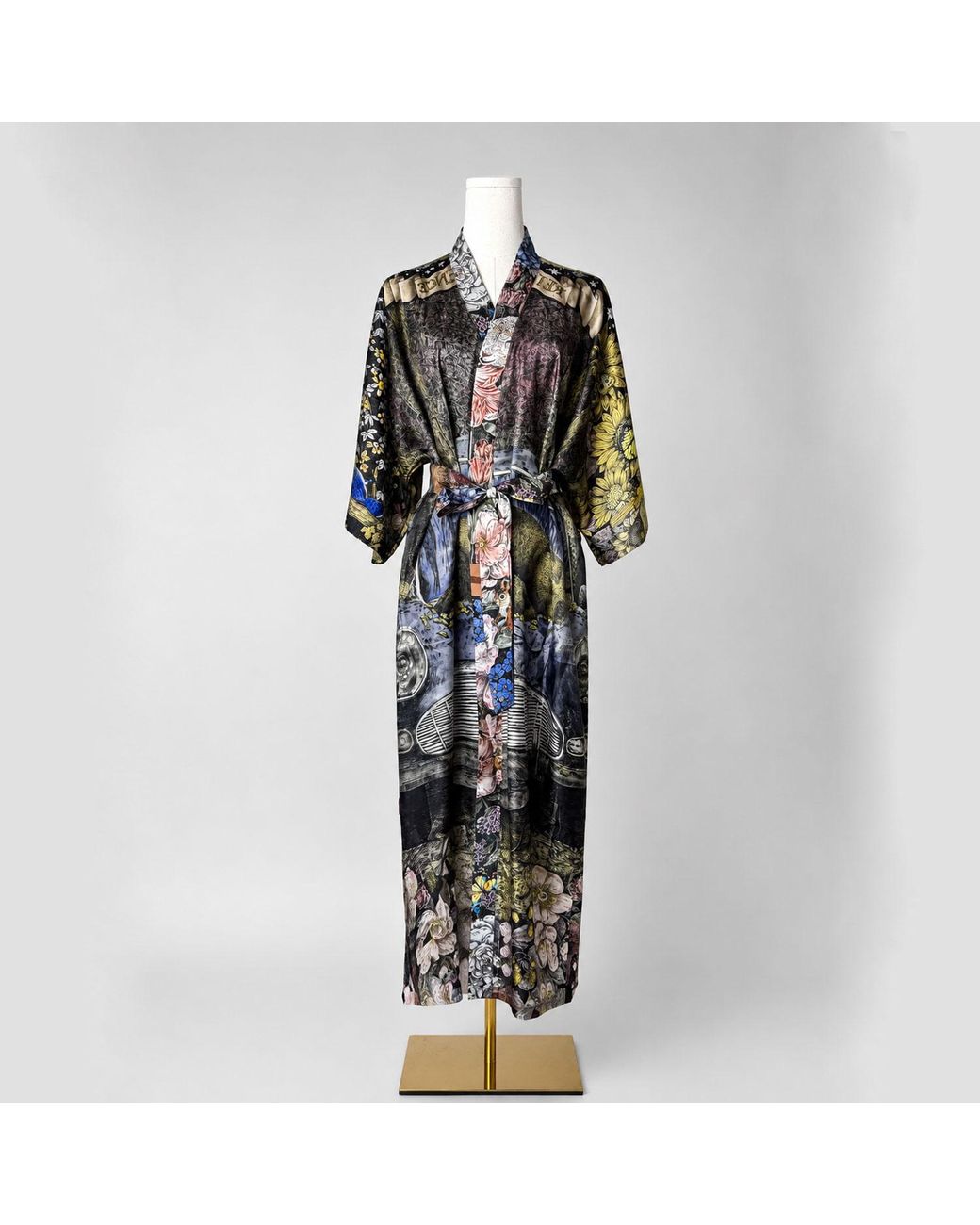 Wenzi Purple Return To Silence Double Sided Mulberry Silk Kimono Robe Reversible Luxury Floral Bear Bird Print Long Robe