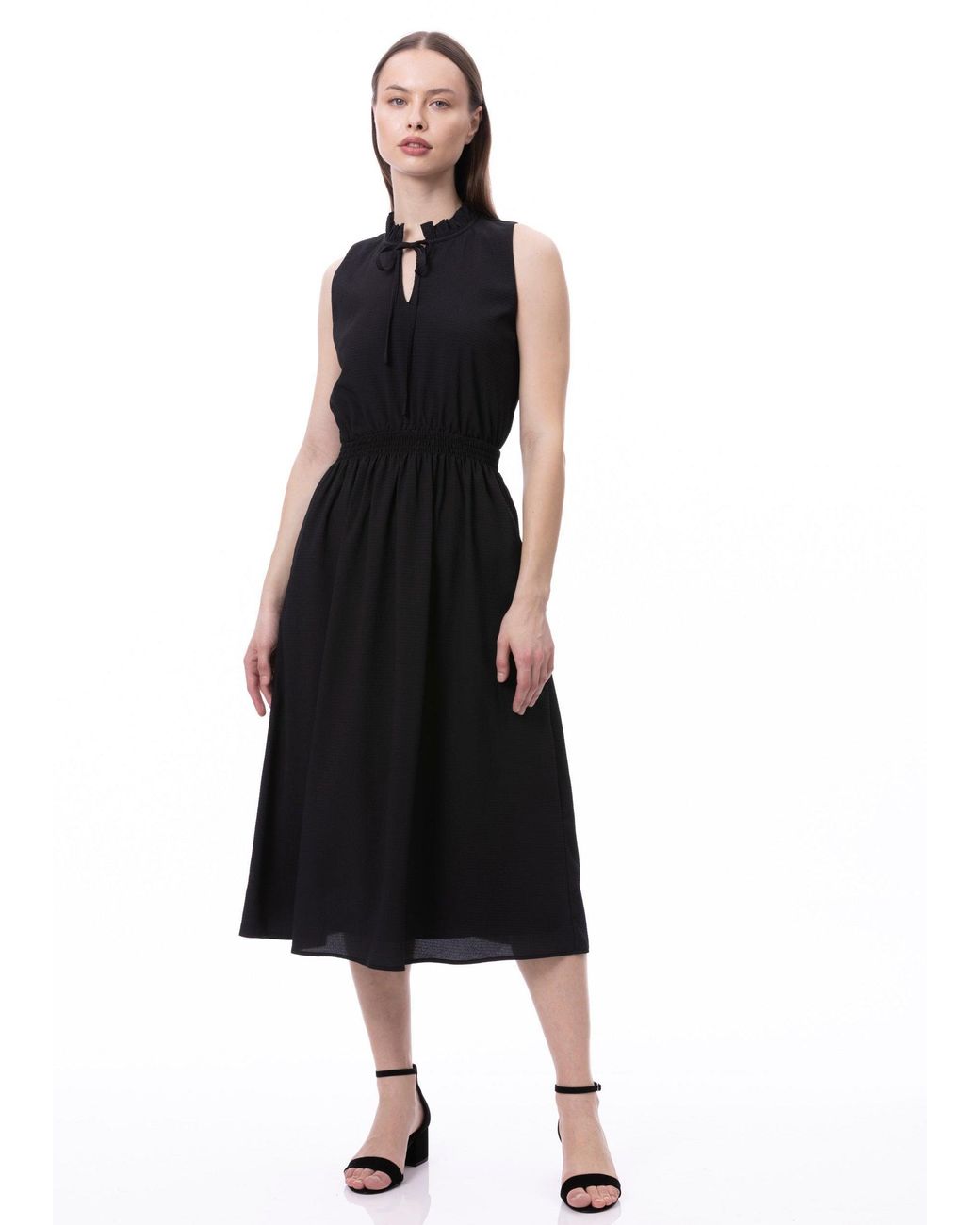 Carloslines Blue Sleeveless Smocked Waist Tie Front Dress With Pockets