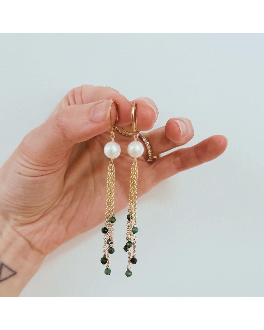 Herself Collections Metallic Pearl & Malachite Drop Chain Earring