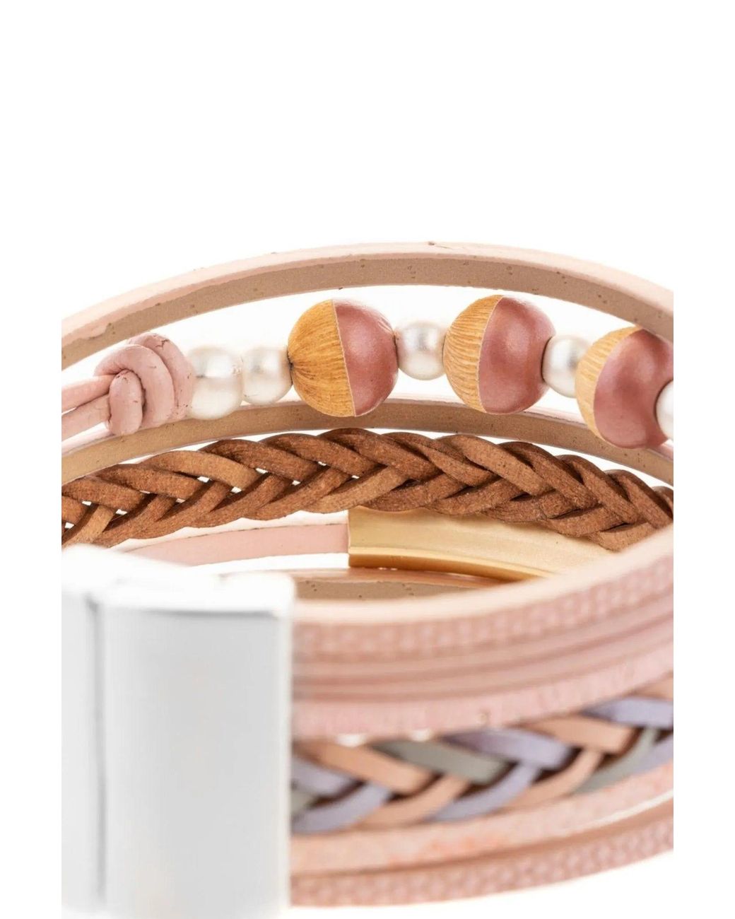 Saachi Pink Leather Wooden Beaded Bracelet