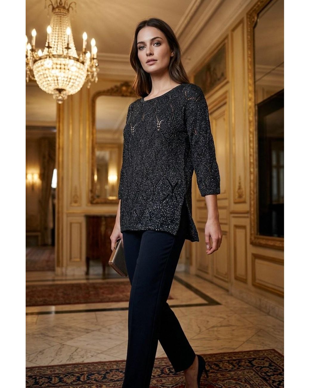 Peraluna Black Gina Sparkly Pointelle Knit Blouse