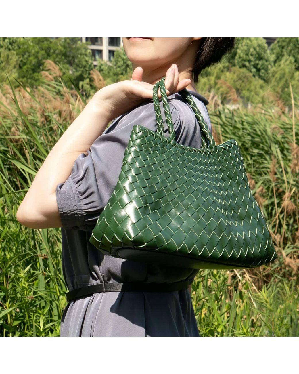 Rimini Green Woven Vegan Leather Tote 'Elisabetta'