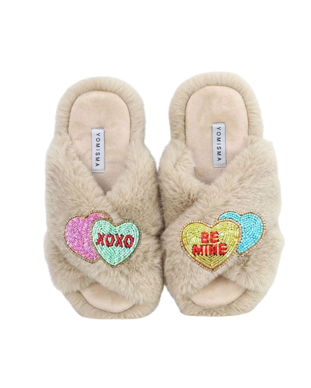 Yomisma Natural Neutrals Eco Faux Fur Slippers – Recycled Faux Fur “Be Mine + Xo” Valentines Removable Hand Beaded Brooches