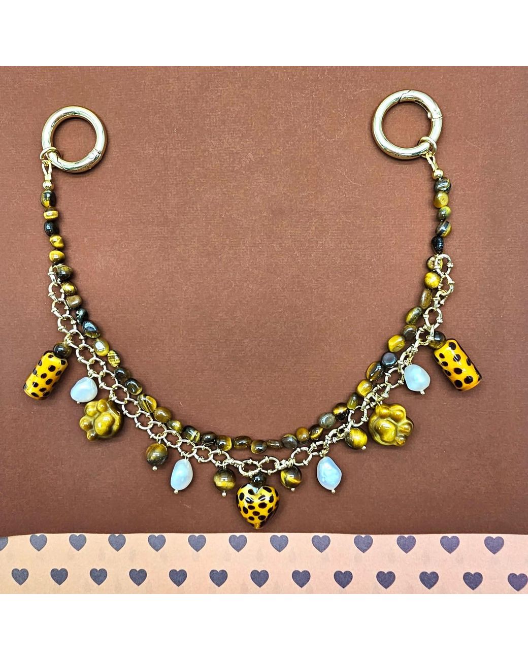 Farra Brown Leopard Print Tiger-Eye Stone And Pearls Layered Bag Charm