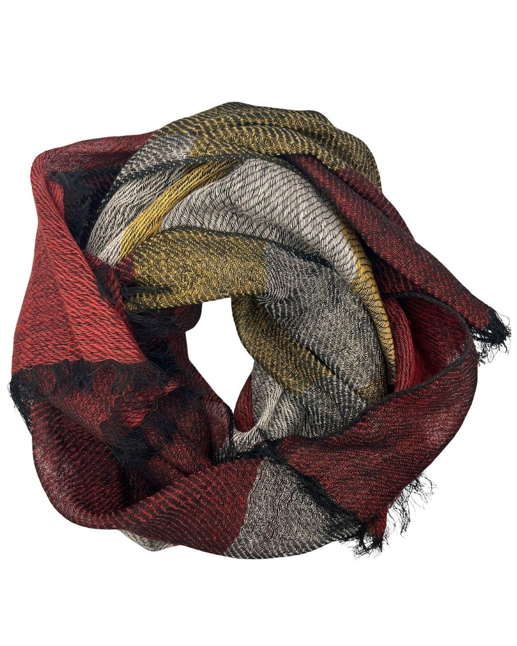 Heritagemoda Red Burgundy Mosaic Linen Scarf – Handwoven Multicolour Stripe Scarf