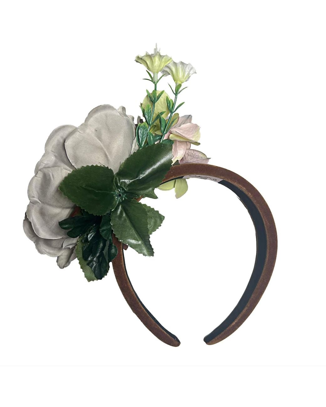 Natalia Petruch Green Selene Honey Amber Velvet Flower Headband – Faux Floral Statement Hair Accessory, Handmade