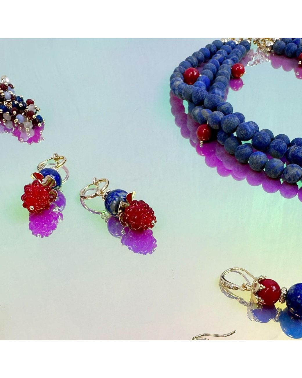 Farra Blue Lapis With Raspberry Clip-On Earrings