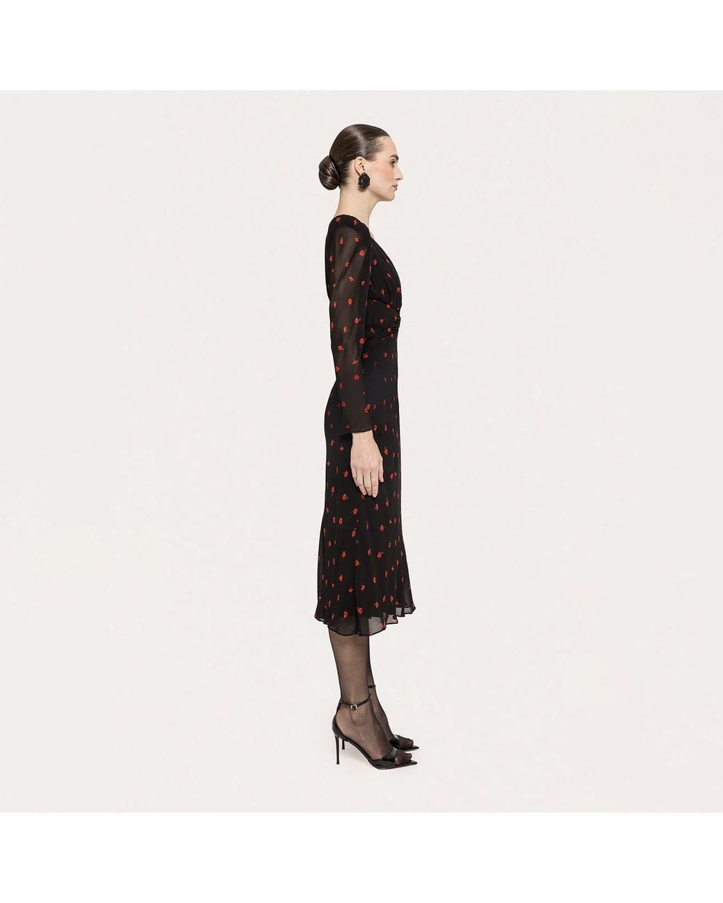 Nissa Black Rose-Print Viscose Midi Dress