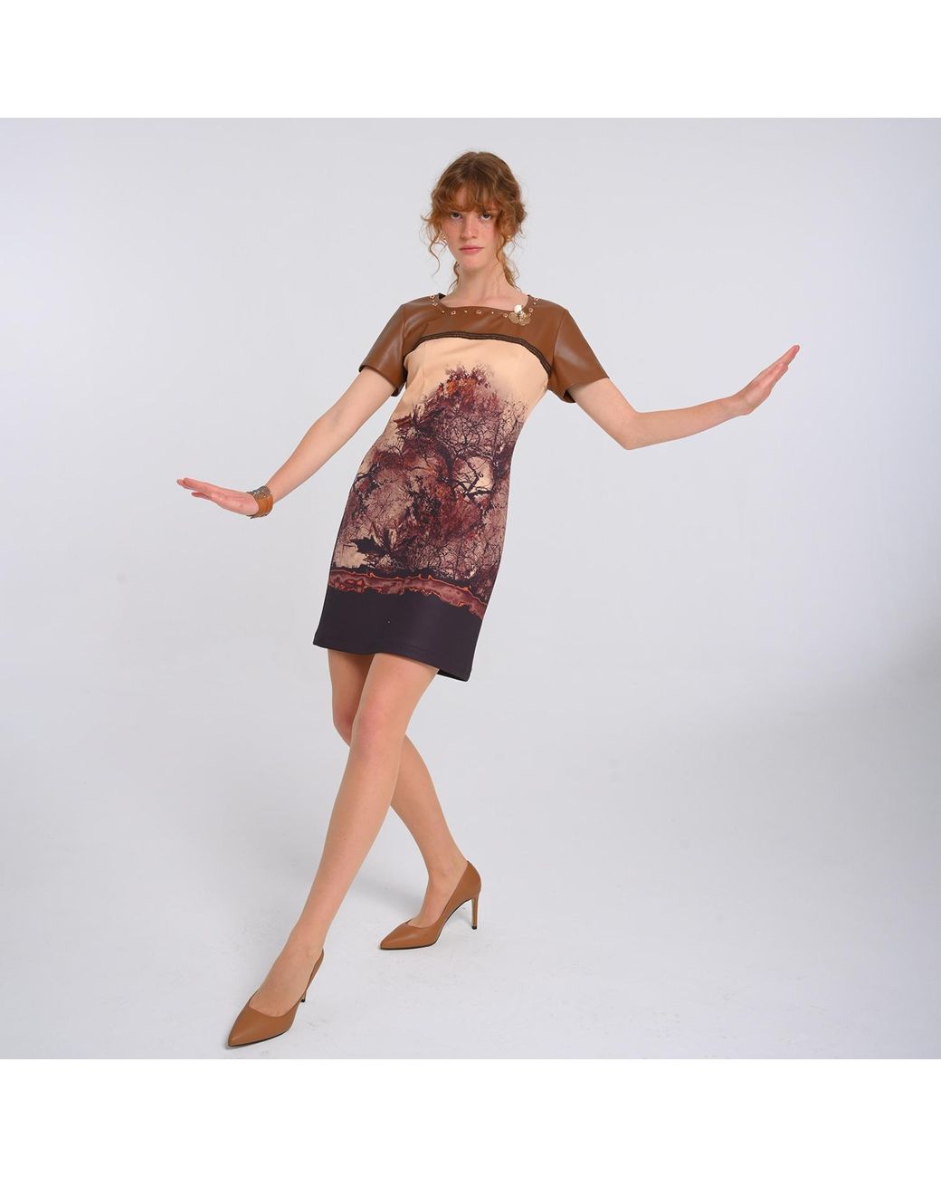 Lalipop Design Red Neutrals All-Over Graphic Print Short Sleeve Dress Panelled With Vegan Leather