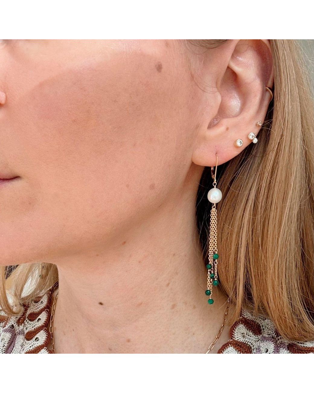 Herself Collections Metallic Pearl & Malachite Drop Chain Earring