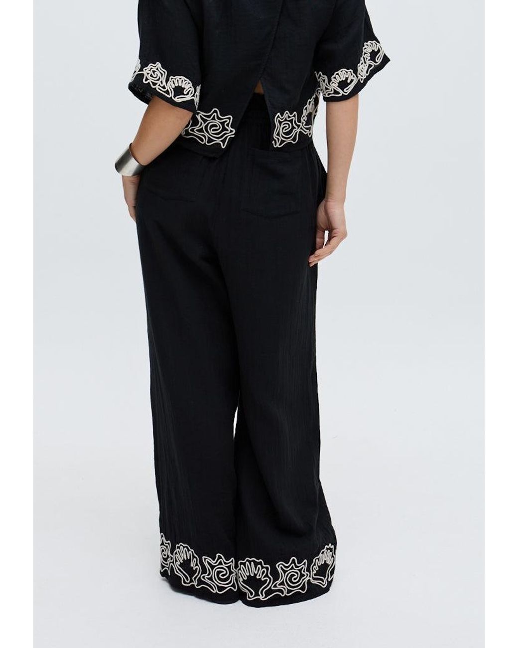 Raffya Black Milly Wide Leg Embroidered Trouser