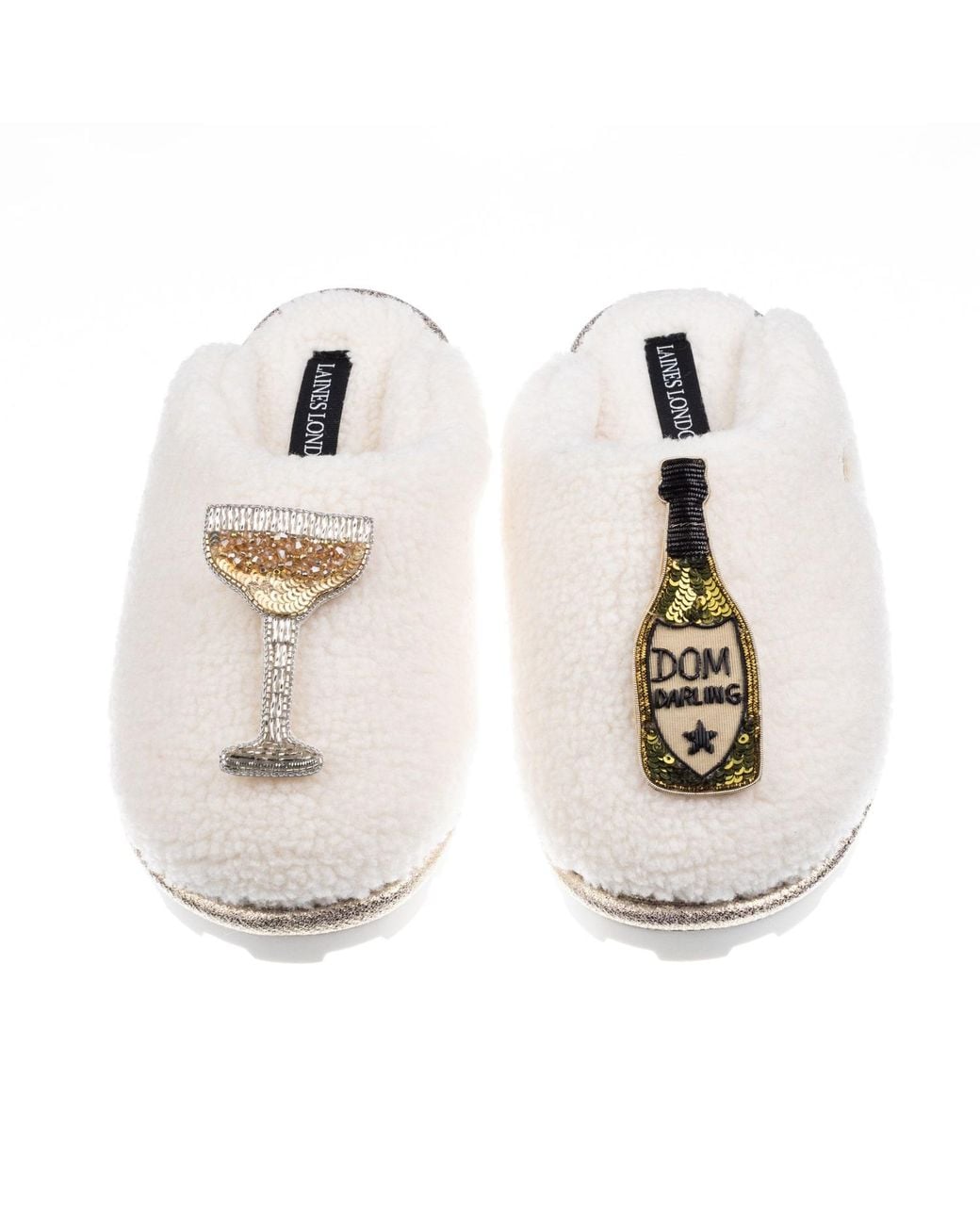 Laines London White Neutrals Teddy Closed Toe Slippers With Dom Darling Champagne Brooches