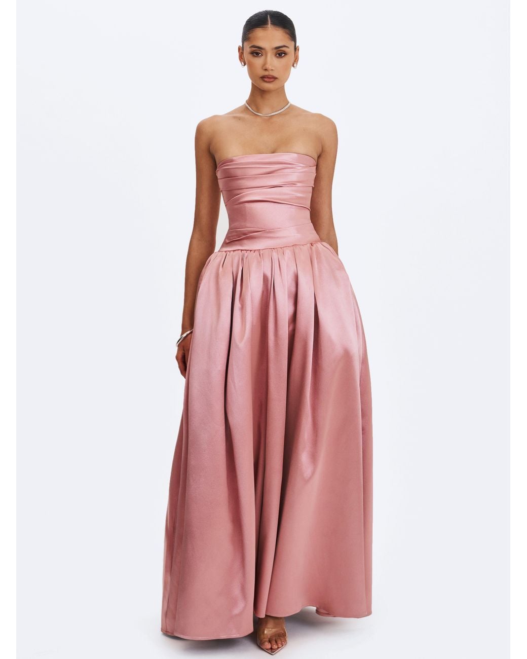 Miss Circle New York Pink Willette Deep Rose Satin Strapless Gathered Maxi Dress