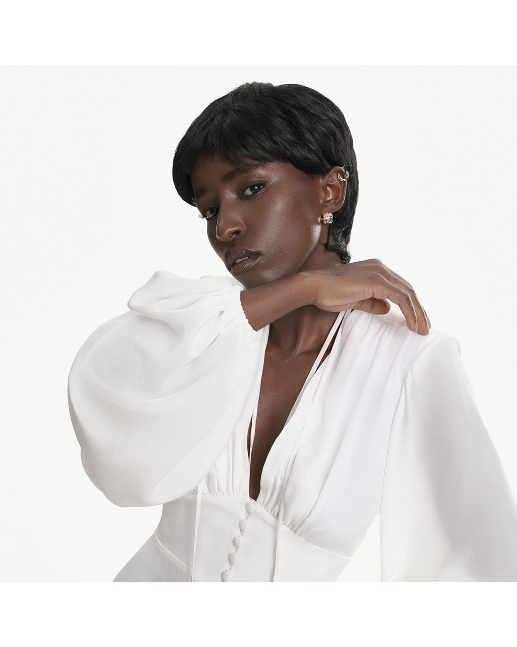 Lita Couture White Ample-Sleeve Maxi Silk Dress