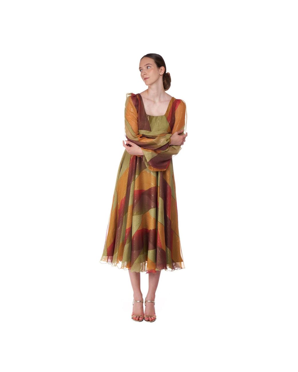 Sofia Tsereteli Brown Long Silk Dress In Multicoloured Patch