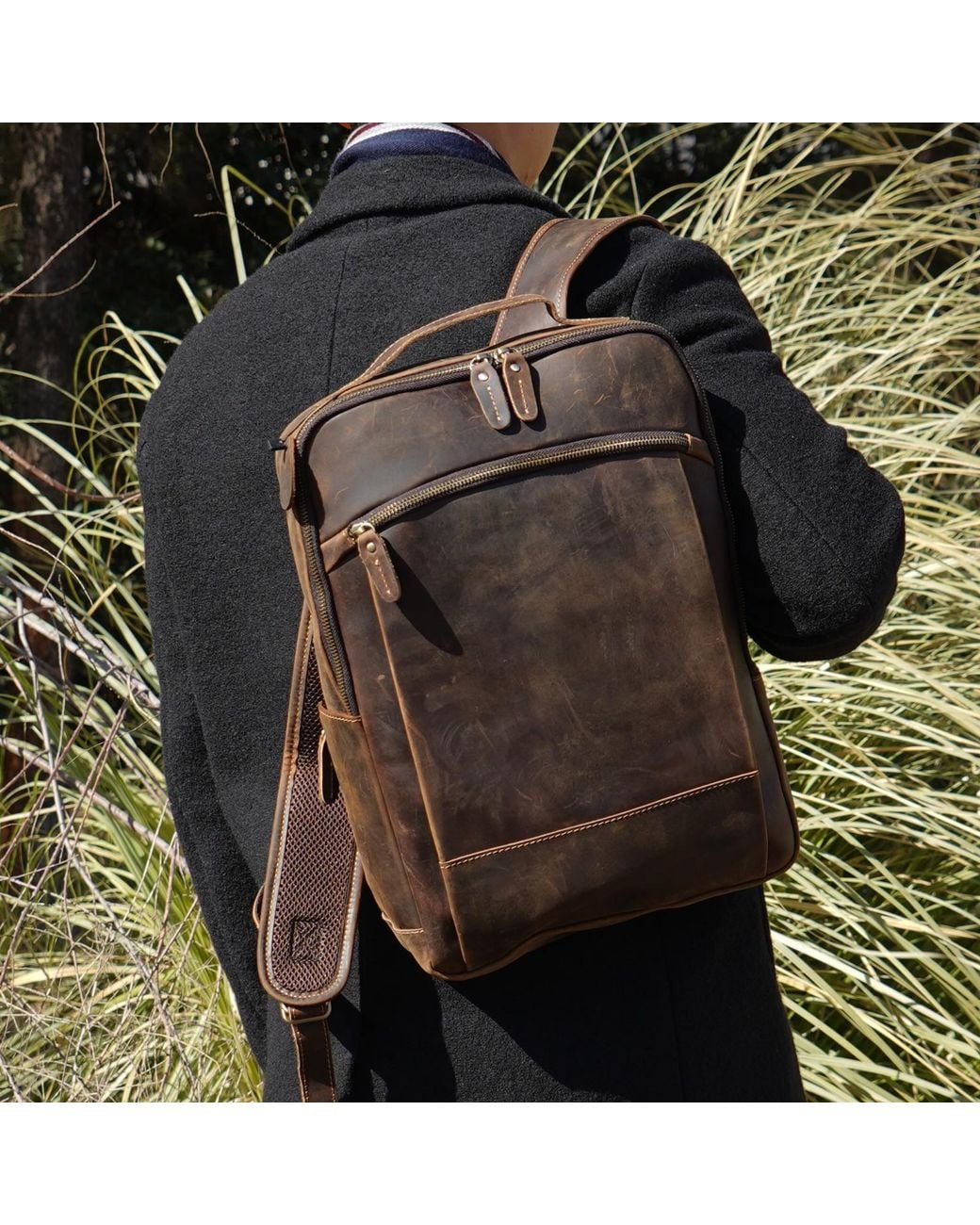 Touri Brown Minimalist Zip Open Leather Backpack