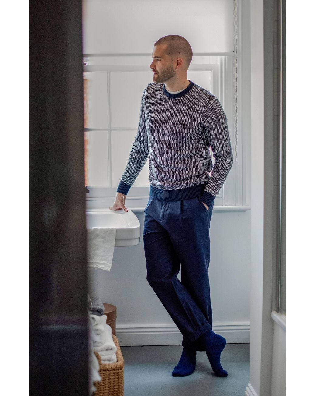 Paul James Knitwear Blue Cotton Fisherman Tuck Stitch Jumper for men