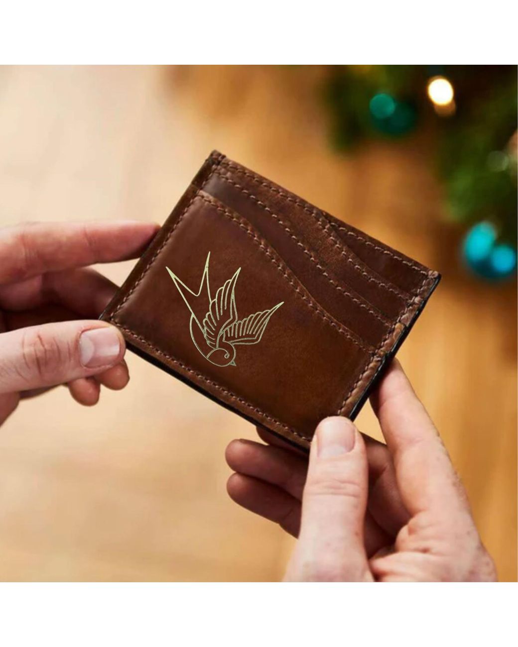 VIDA VIDA Brown Swallow Tattoo Leather Card Holder for men