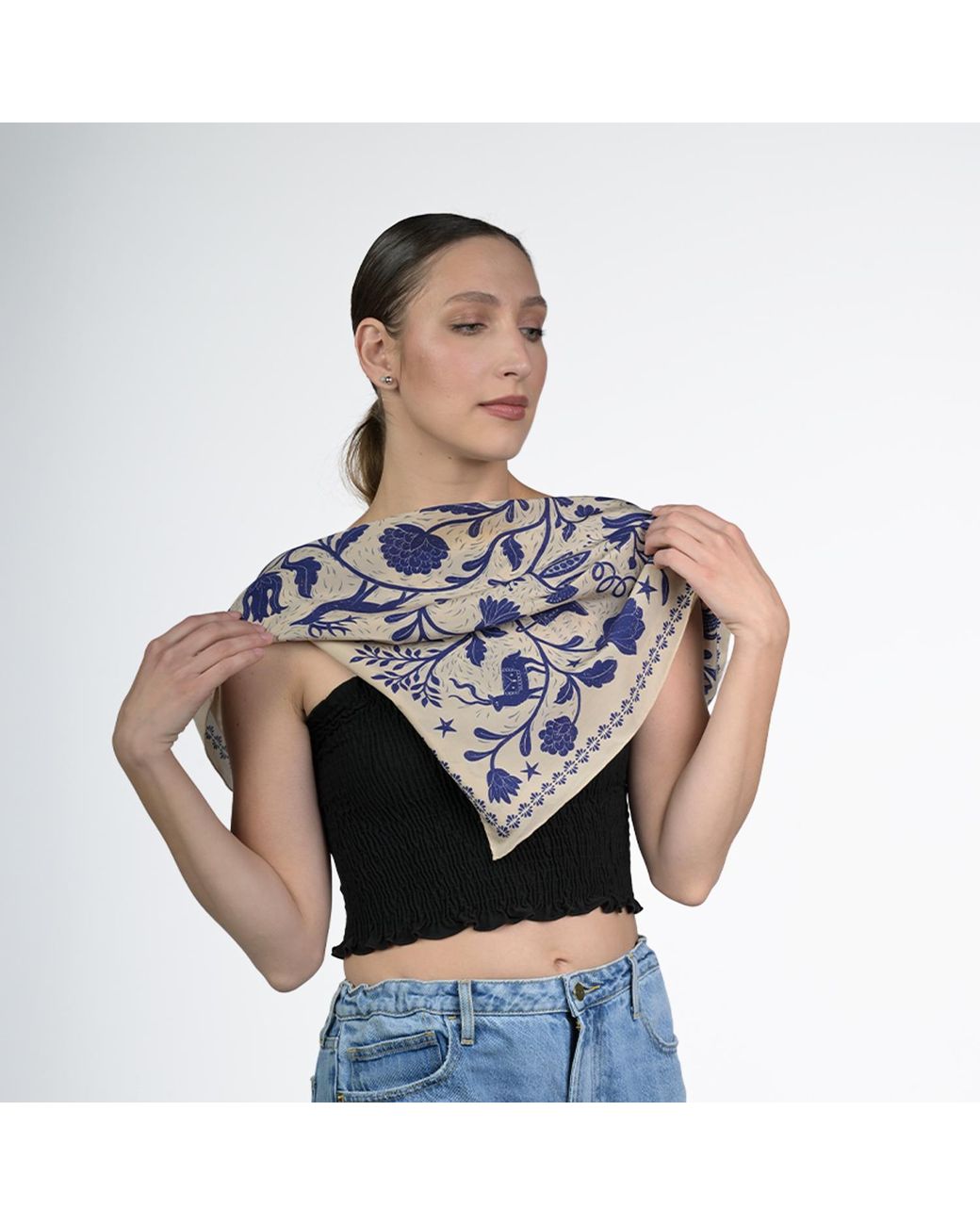 Silk&Soul Blue Neutrals Folk Motif Silk Scarf