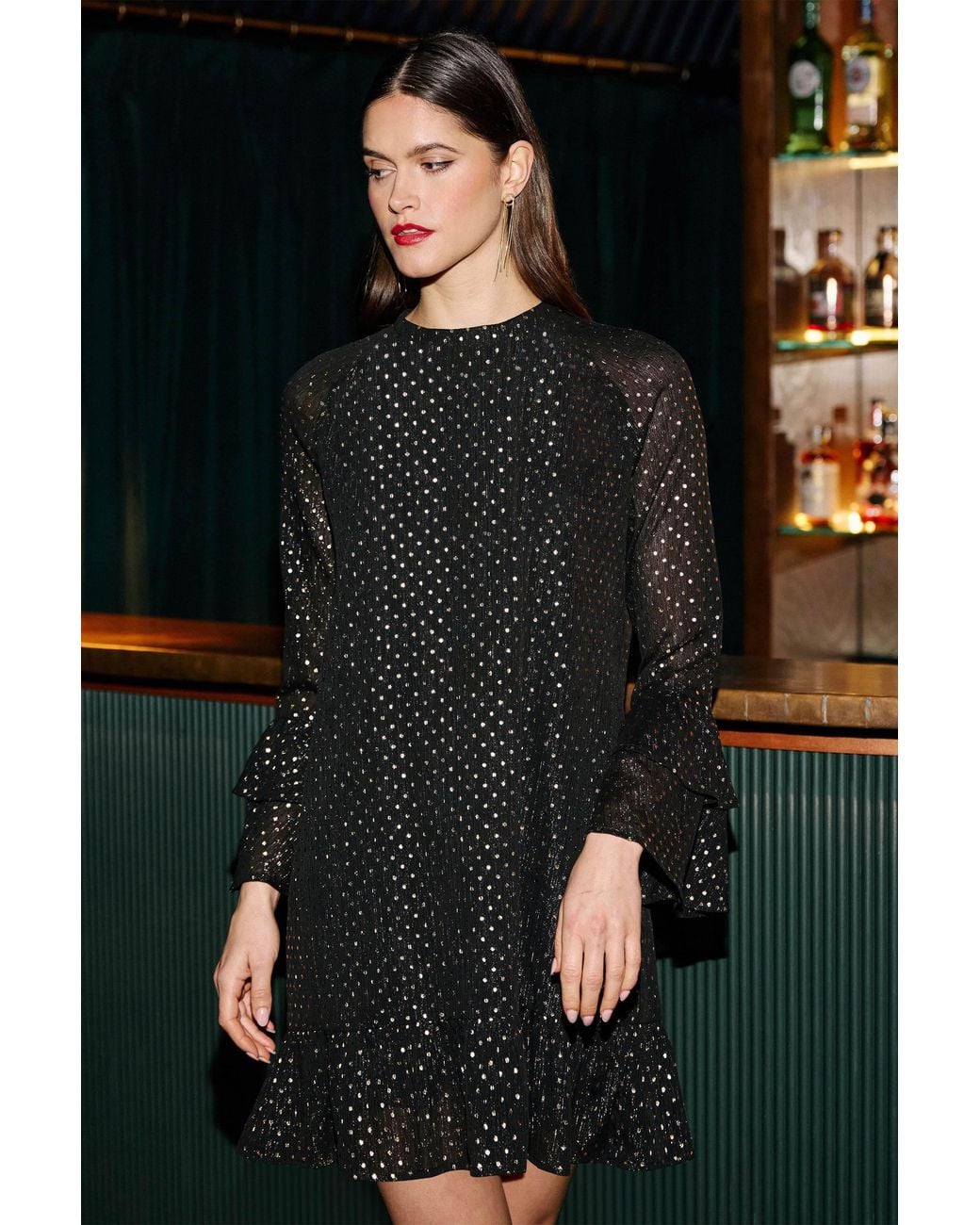 Yumi' Black Foil Print Tunic With Flared Sleeves