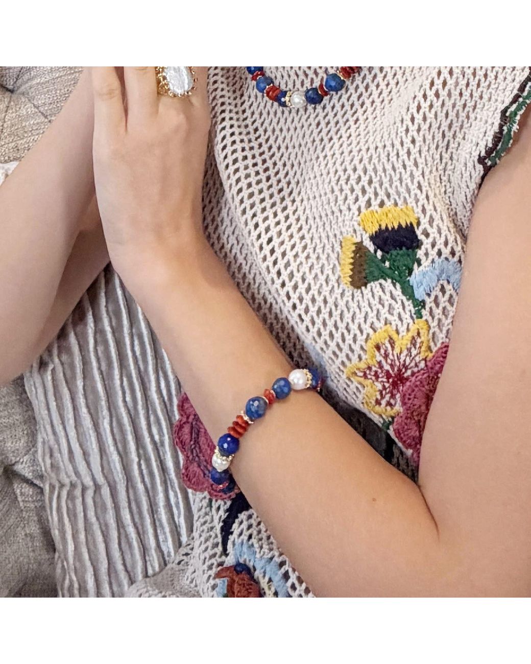 Farra Blue Lapis Bamboo Coral And Pearl Adjustable Slider Bracelet