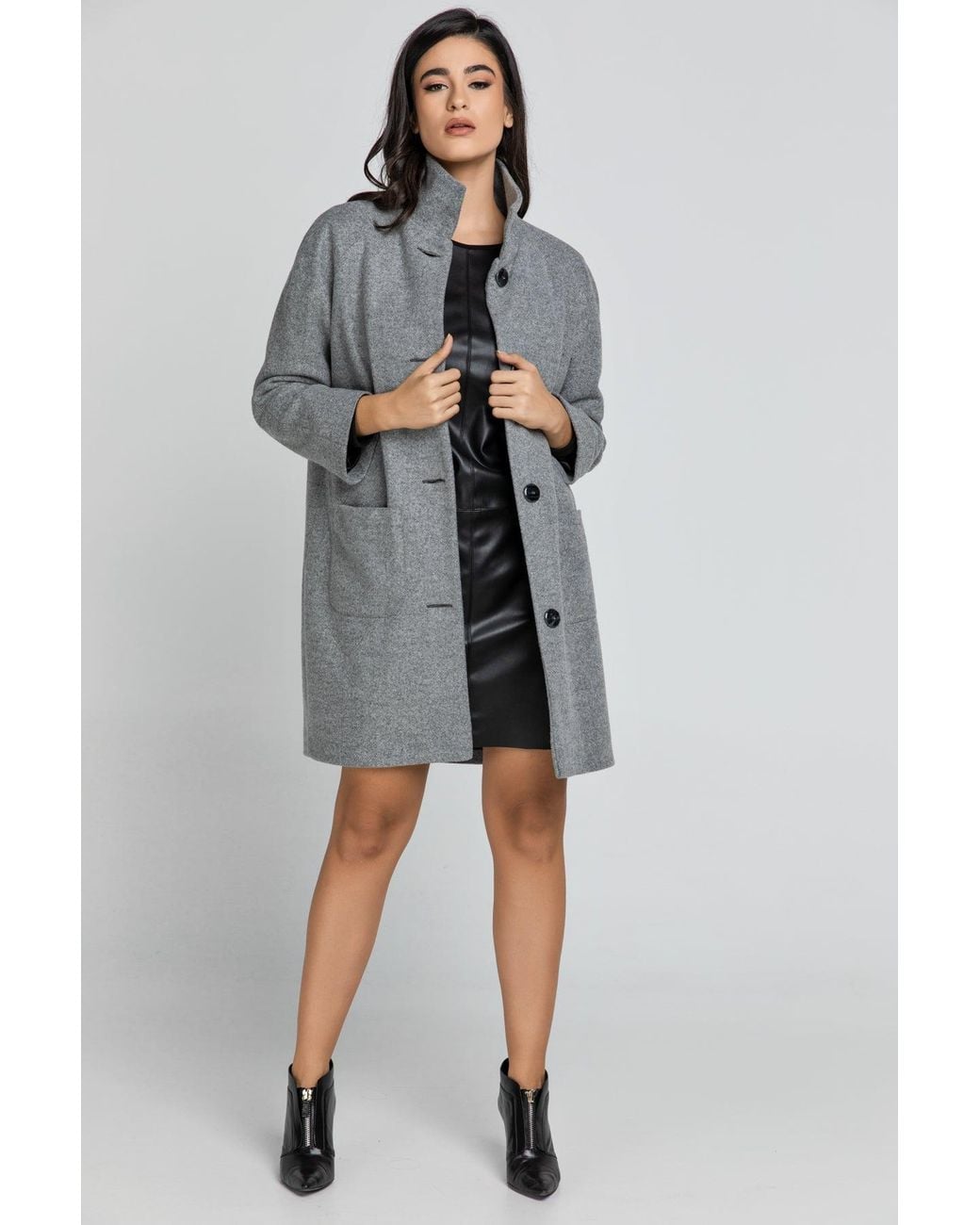 Conquista Gray Coat With Upright Collar By Fashion