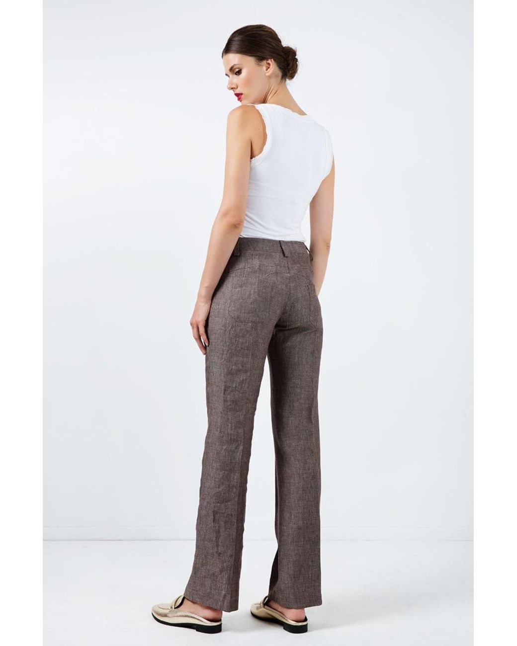Conquista Brown Long Straight Linen Pants